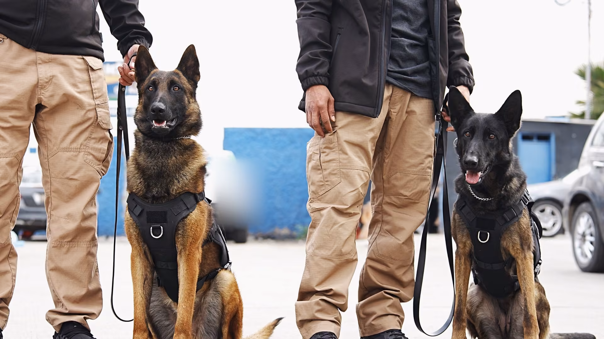 Working dogs beside their handlers, with the handlers’ faces outside the frame.