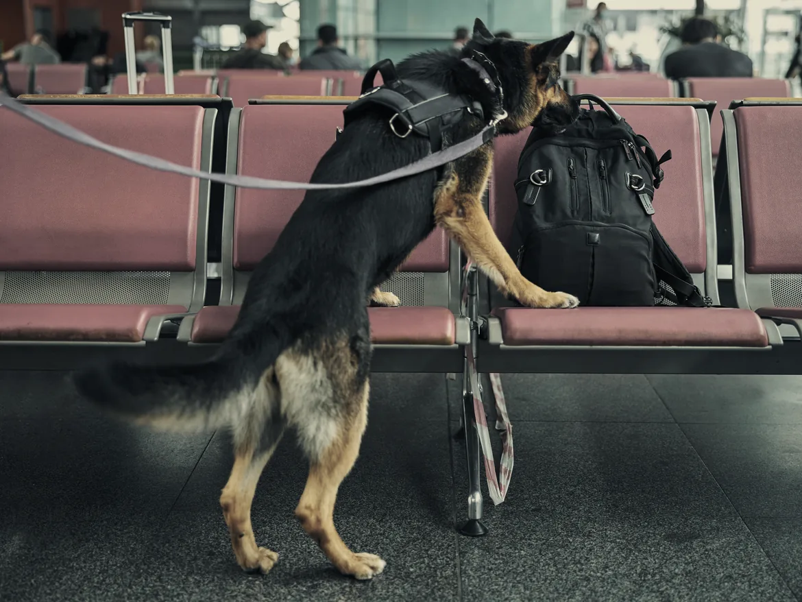 A harnessed shepherd inspecting a backpack on a row of seats.