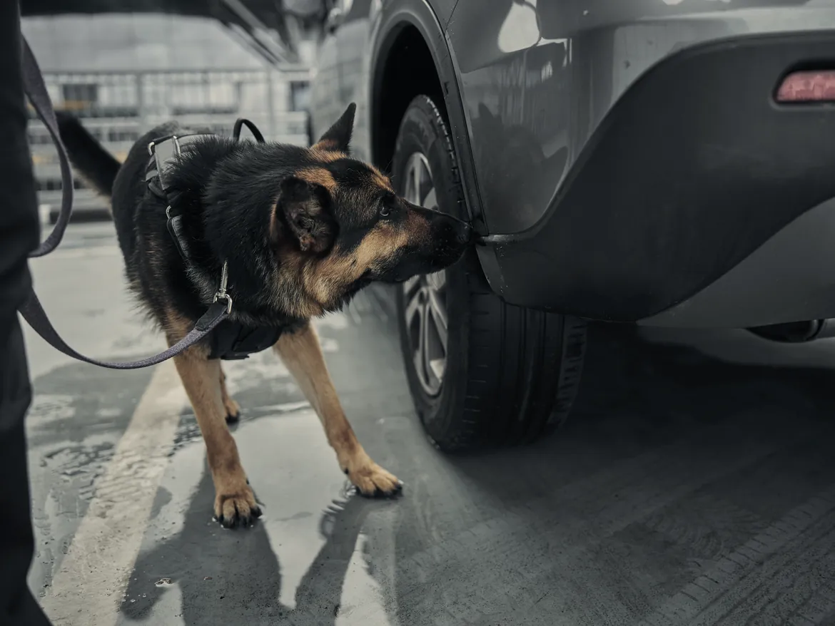 A harnessed shepherd searching beside a vehicle wheel, with its handler holding the leash.