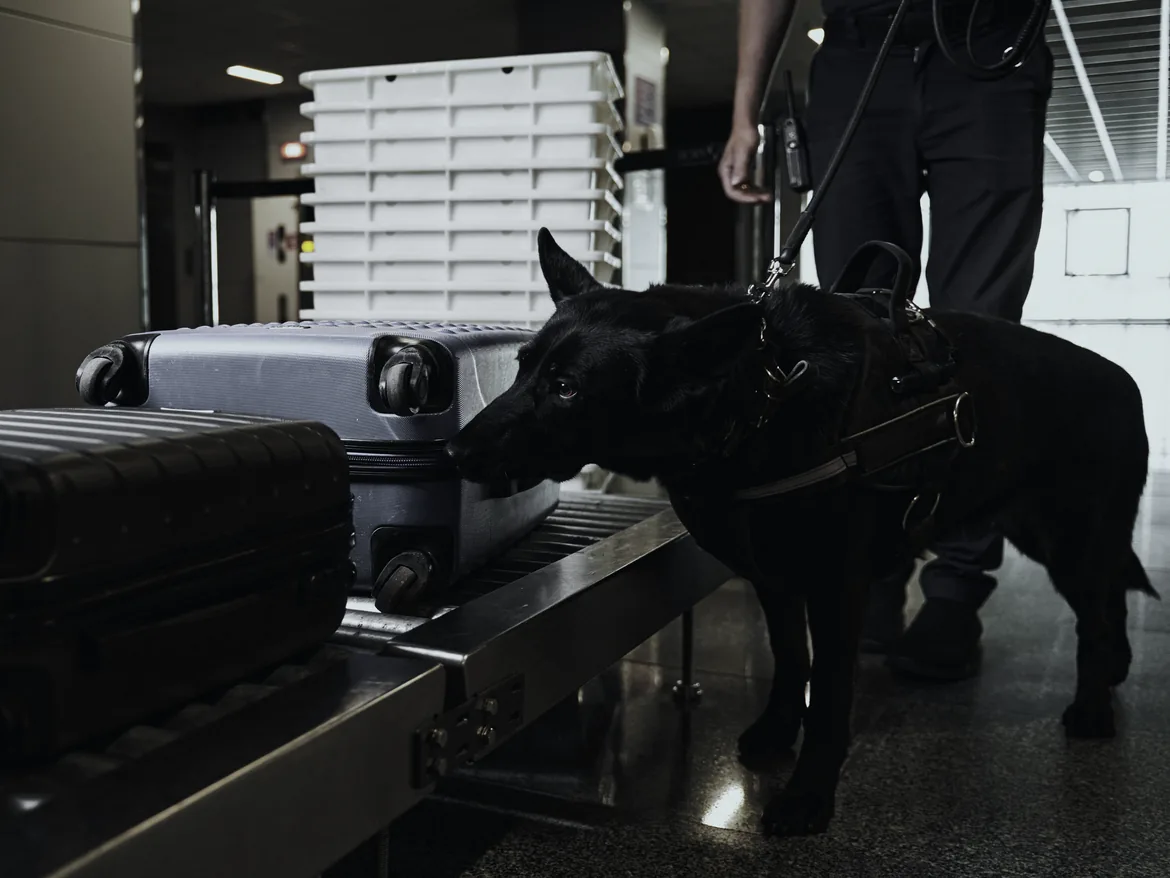 A harnessed shepherd sniffing luggage on a conveyor beside its handler.