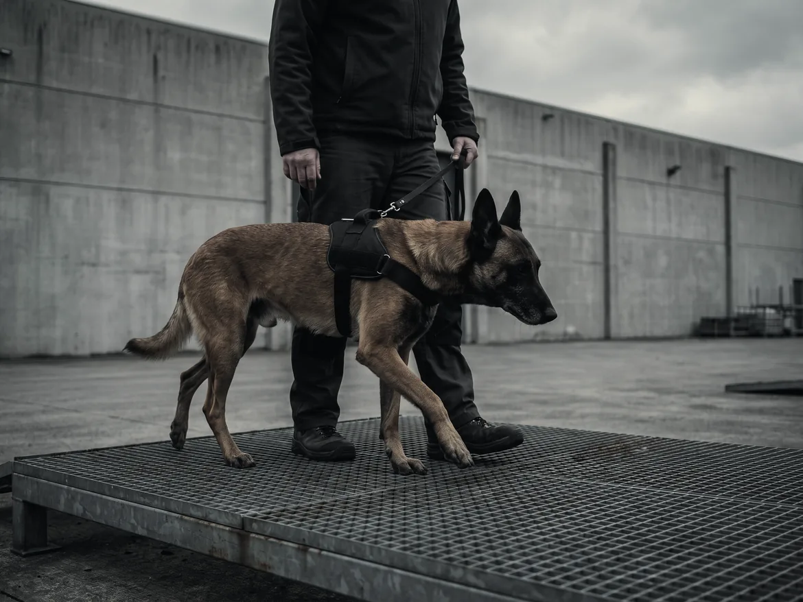 An adult harnessed Malinois crossing steel grating beside its handler during environmental confidence assessment.