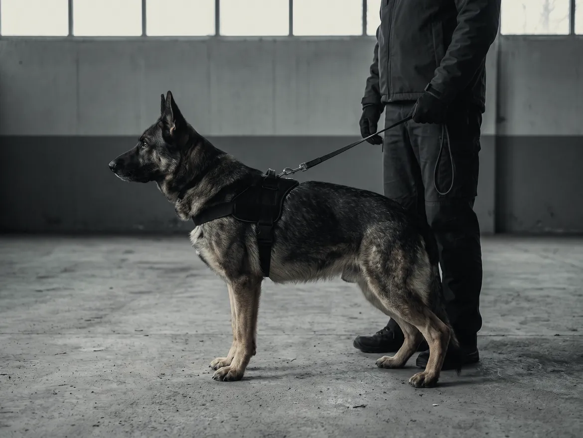 An adult harnessed shepherd beside its handler in an industrial training hall.