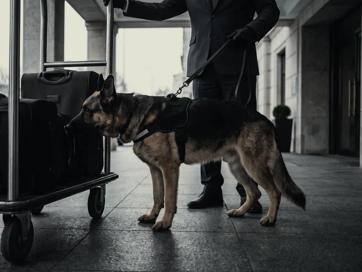 A harnessed shepherd inspecting luggage on a trolley at a hotel arrival beside its handler.