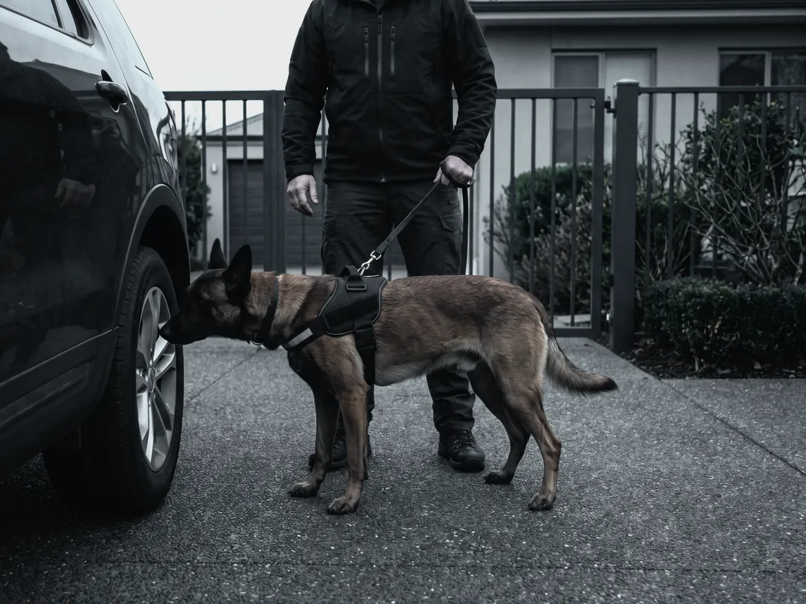 A harnessed Malinois inspecting a vehicle at a private residential entrance beside its handler.
