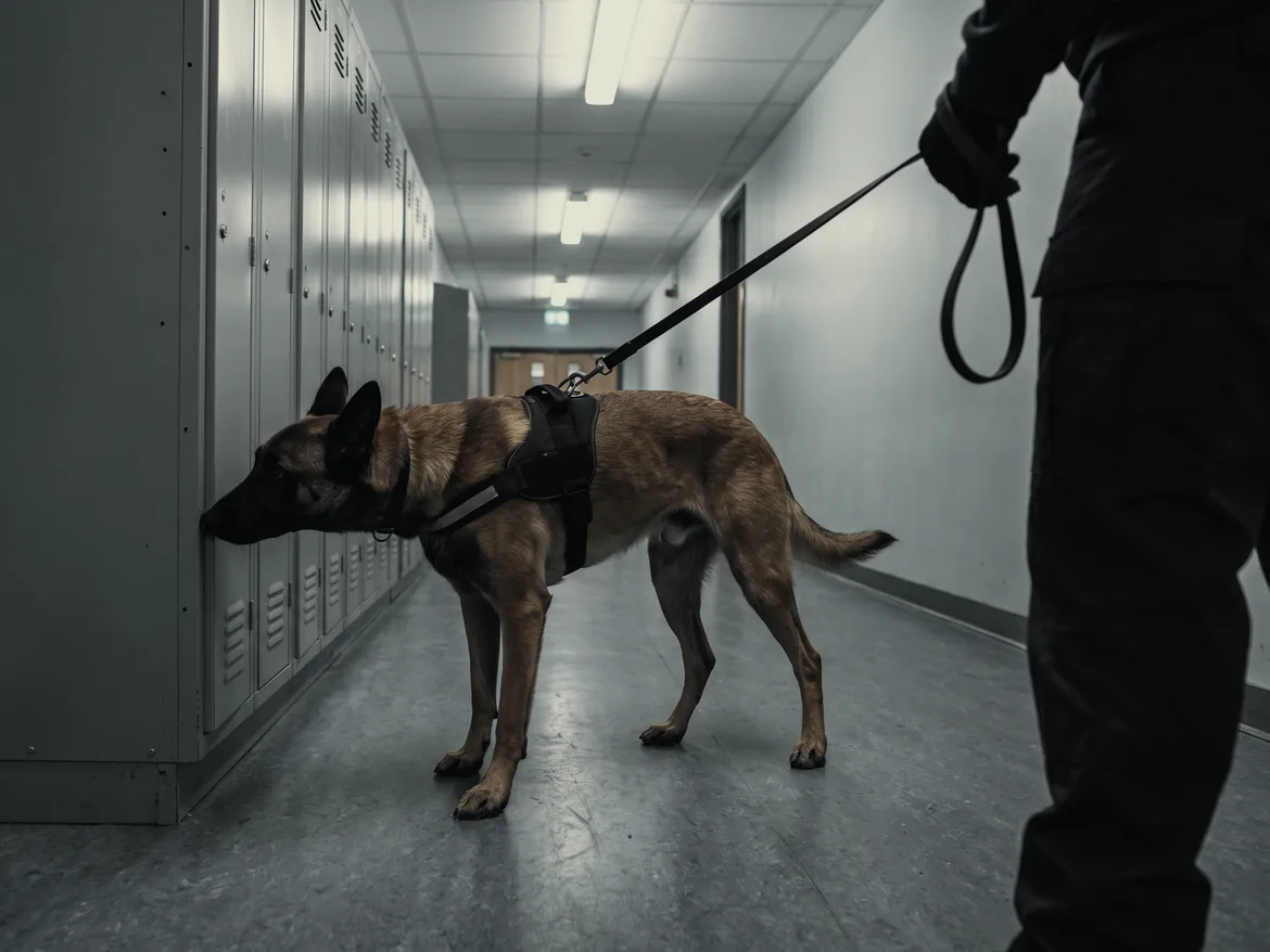 A harnessed Malinois sniffing a locker seam in an empty school corridor beside its handler.