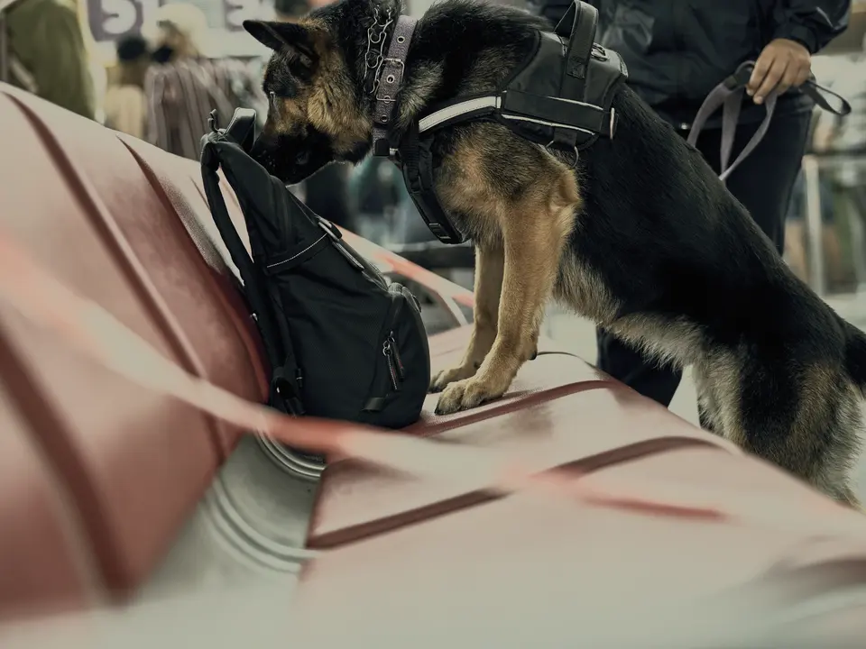 A shepherd sniffing a backpack on airport seats beside its handler.