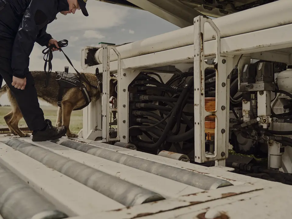A working dog and handler inspecting large cargo machinery.