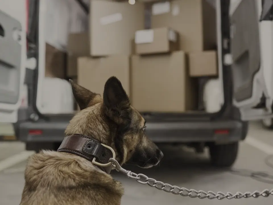 A shepherd beside a delivery vehicle loaded with different sized boxes.